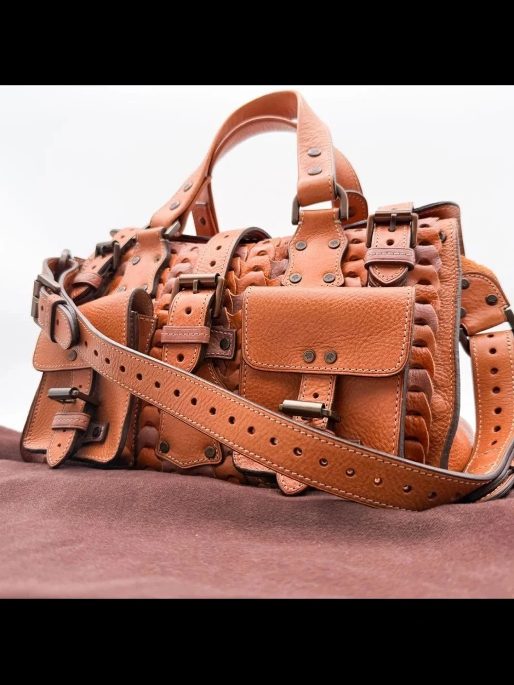 Mulberry Tan Leather Buckle-Front Braided Satchel